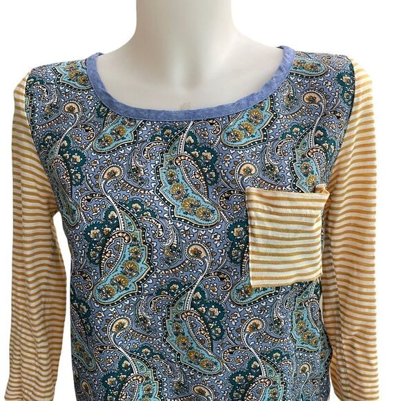 Anthropologie Postmark Striped Yellow 3/4 Blouse, Blue Paisley Front‎ sz XS - Picture 2 of 10